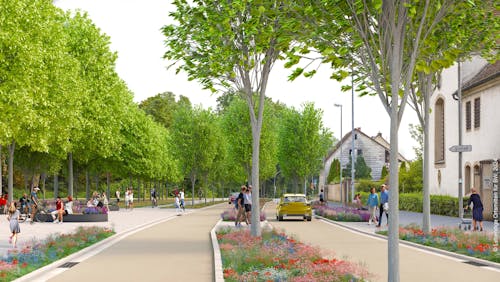Visualisierung Igersheimer Straße als Grüner Boulevard mit Kapuzinerplatz. Die Kapuzinerstraße bleibt für den PKW- und LKW-Verkehr befahrbar und steht weiter für die Logistik der Burgstraße zur Verfügung. (c) Lebendige Ortsmitten BW