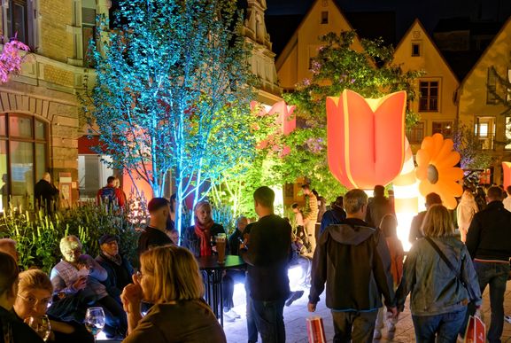 Ein Fest für Nachtschwärmer: Mit den großen „AirLight“-Skulpturen verwandelt sich die Bad Mergentheimer Innenstadt zum Nachtbummel wieder in ein stimmungsvolles Lichtermeer. (Bild: Holger Schmitt)