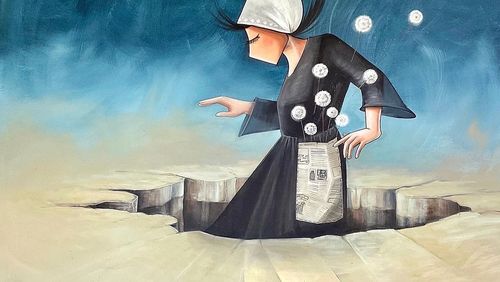 Dieses Werk von Shamsia Hassani (einer afghanischen Graffiti-Künstlerin, die ihre Porträts Frauen widmet, die von den Taliban bedroht werden) zeigen wir mit freundlicher Genehmigung der Künstlerin zu Mahdia Hossainis Text.