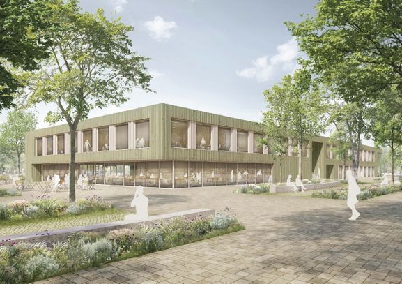 Perspektive Fachraumzentrum: Die Visualisierung des Siegerentwurfs für das Projekt als Teil des Schul-Ausbaus in Bad Mergentheim. (Grafik: BJW Achitekten)